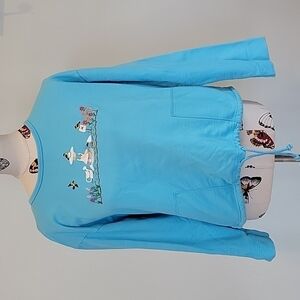 𝅺mandal BAY blue sweatshirt with an embroidered gardening scene. Size Large